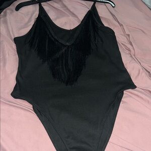 Western Elegant Black Fringe Bodysuit